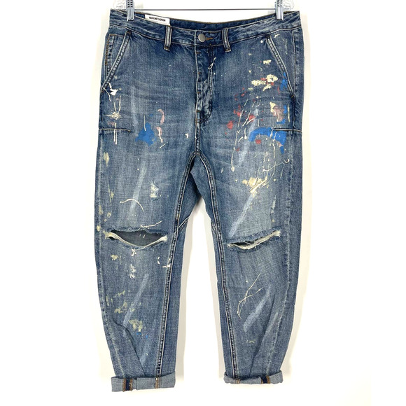 Man X One Teaspoon 34R Blue Suede Mr Browns Paint Splattered Distressed Jeans - Picture 2 of 12